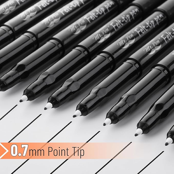 Mr. Pen- Felt Tip Pens, 12 Pack, 0.7 mm, Black Felt Tip Pens, Fast Dry, No Smear, Planner Markers for Underlining, Writing, Drawing, Journaling Supplies