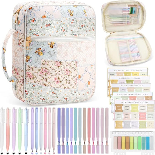 Bible Cover Case Study Supplies for Women Gifts Large Bible Cover with Highlighters Pens Tabs Cute Quilted Carrying Case Christian Journal Kit Accessories Christian Gifts Sticky Notes A