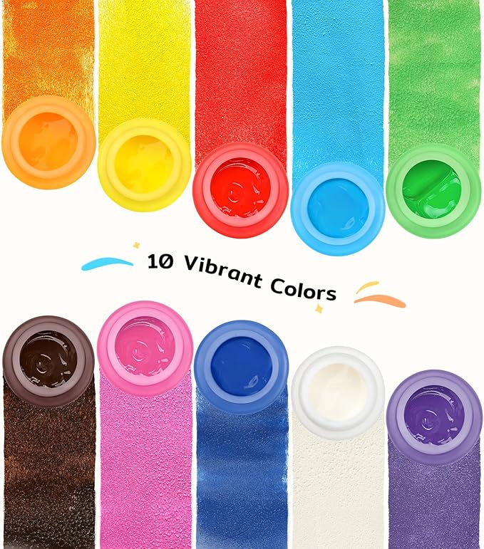 TMOL Washable Paint for Kids, 10 Colors (2 fl oz) 40 Pcs Non-Toxic Finger Paint Kit with Brushes, Sponge, Smock, Toddler Art Supplies for Painting, Craft & School Projects