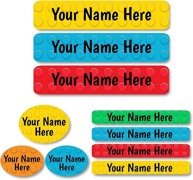 Lovable Labels Personalized Labels for Kids (85 Labels/Pack) - 3 Label Sizes Waterproof Dishwasher Safe Peel & Stick Labels for School Supplies Daycare Camp Clothing Bottles (Building Blocks)