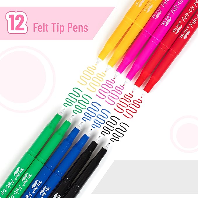 Mr. Pen- Felt Tip Pens, 12 Pack, 0.7 mm, Colorful Felt Tip Pens, Fast Dry, No Smear, Planner Markers for Underlining, Writing, Drawing, Journaling Supplies