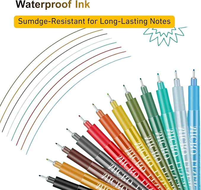 12 Colors Fineliner Pens Set, 0.5mm Fine Point Needle Tip Pens, No Bleed Waterproof Archival Ink for Drawing, Bullet Journal, Bible Journaling, Note Taking