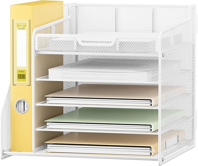 Lavatino Desk Organizer with File Holder, White 5-Tier Adjustable Paper Letter Tray for Office or Home Desk Organizers