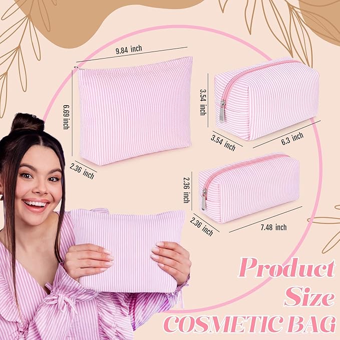 Huhumy 3 Pcs Makeup Bag Set Cute Stripe Cosmetic Pouch for Women Aesthetic Seersucker Travel Toiletry Bag Set Preppy Small Makeup Purse Pouch Cosmetic Organizer Pencil Case with Zipper(Pink)