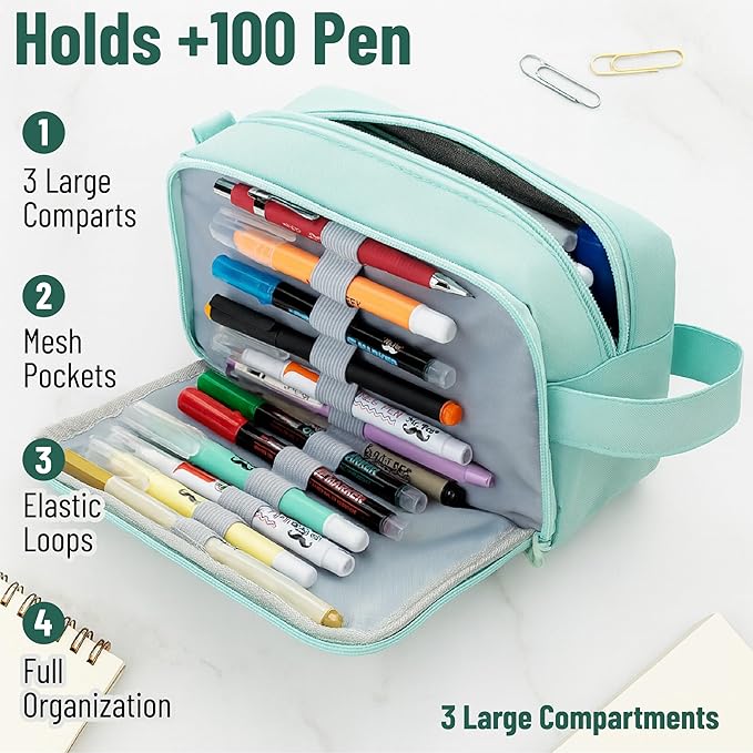 Mr. Pen Large Capacity Pencil Pouches and Bags - Mint Green School