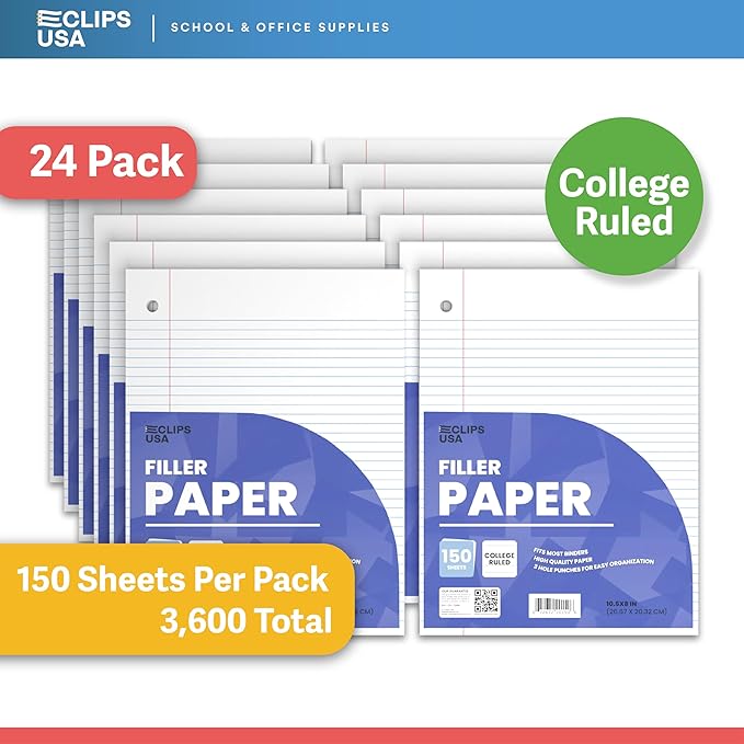 Loose Leaf Paper College Ruled Notebook Paper College Ruled Lined Writing Filler Paper 10.5” x 8” 3600 Sheets 150 Sheets Per Pack 60 gsm (24 Pack)
