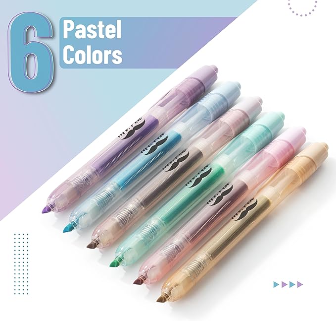 Mr. Pen- Retractable Highlighters, 6 Pack, Muted Pastel Colors, Chisel Tip Highlighter Marker Set, Click Highlighter Markers for Classroom, Journaling, Study Supplies, No Bleed On Standard Pages