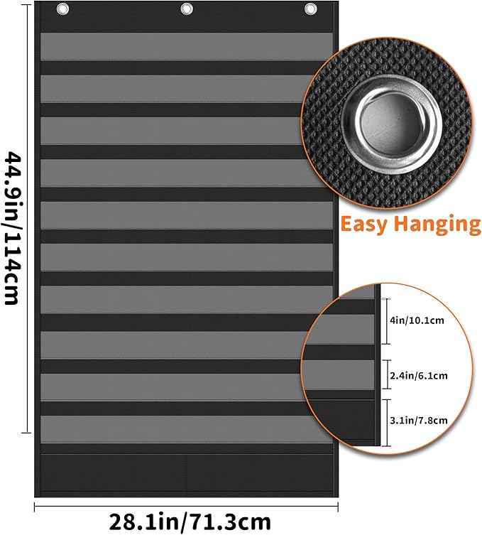 Yoink 10+2 Pockets Standard Pocket Chart, Clear 10 Pockets for Alphabet Learning with 2 Extra Storage Pocket, Chore Chart, Word Wall and Sentence Strips Chart for Classroom, Black (44.9" x 28.1")