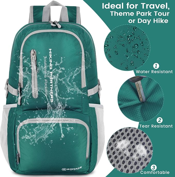ZOMAKE Lightweight Packable Backpack, 35L Foldable Daypack (Dark Green) | Light Hiking Backpacks Water Resistant Collapsible Day Pack for Travel, Everyday Carry, Multi-Pocket Layout, Heavy Duty Nylon