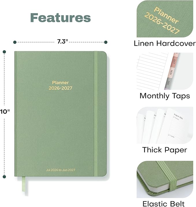 Planner 2026-2027 Monthly and Weekly Academic Planner July 2026 - June 2027, Linen Hardcover Agenda 2026-2027 Calendar Daily Planner for Student Teacher with Monthly Tabs, 7.3" x 10", Cream Green