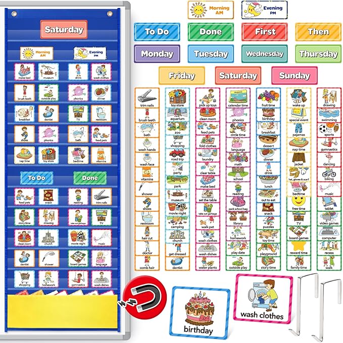 Torlam Visual Schedule for Kid Chore Chart Pocket Charts, Toddler Morning Bedtime Routine Chart Responsibility Daily Schedule Board, Autism Learning Materials PECS ASD ADHD Tools for Home, 105 Cards