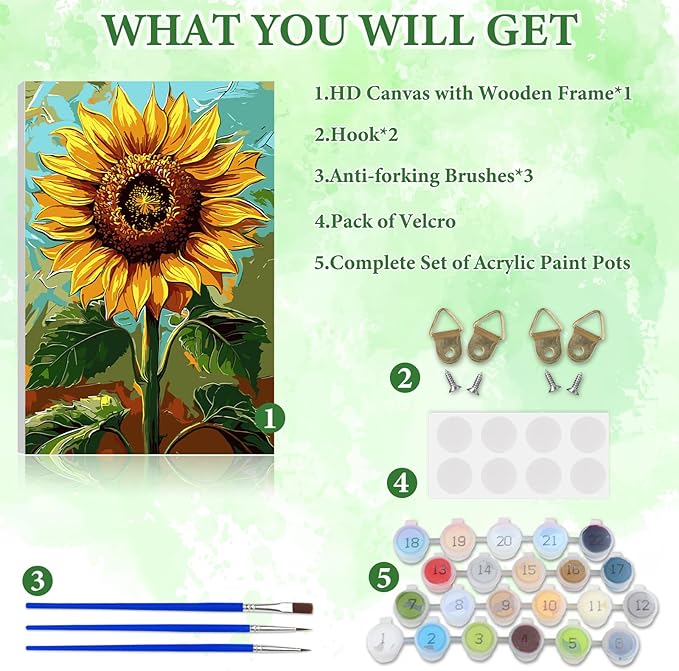 NAIMOER Sunflower Paint by Numbers Kits for Adults Beginner with Wooden Framed, Color by Numbers on Canvas Painting Kits for Adults, Easy Paint DIY Acrylic for Home Wall Decor 8X12 Inch