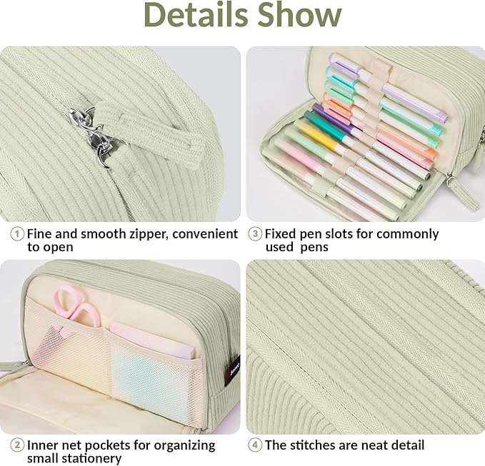 Sooez Big Capacity Pencil Case Pen Pouch, Soft Corduroy Pencil Bag with 3 Compartment, Multiple Pockets, Sturdy Zipper, Cute School Supplies Pen Bag Organizer For Teen Girls College, Green