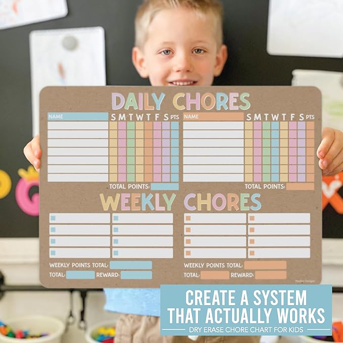 Hadley Designs Magnetic Chore Chart for Kids Multiple - Chores Board for Refrigerator, Dry Erase Task Chart for 2 Kids Daily Behavior, Family Weekly Planner for Teens and Adults, Kraft Chore Board