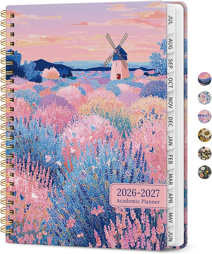 Planner 2026–2027, Academic Monthly Weekly Spiral Calendar, July 2026 – June 2027, Hardcover Agenda Notebook with Tabs, 6.3" x 8.5", Perfect for Students, Teachers, School & Daily Planning - Windmill Fields