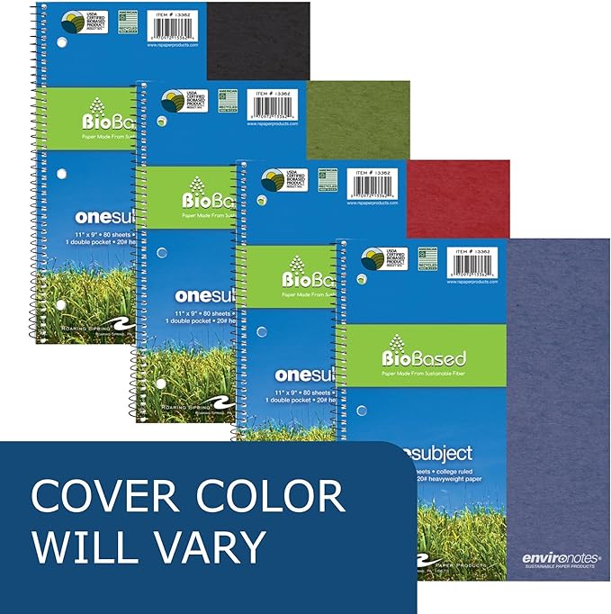 ROARING SPRING Environotes Recycled Spiral Notebook, 1 Subject, 11" x 9", 80 Perforated Sheets, 20 lb Bio-Based Paper, College Ruled w/Margin, Assorted Earthtone Covers, Double Pocket, Made in USA
