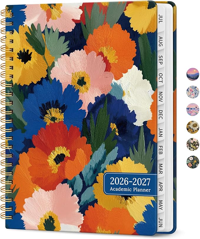 Planner 2026–2027, Academic Monthly Weekly Spiral Calendar, July 2026 – June 2027, Hardcover Agenda Notebook with Tabs, 6.3" x 8.5", Perfect for Students, Teachers, School & Daily Planning - Vivid Petals
