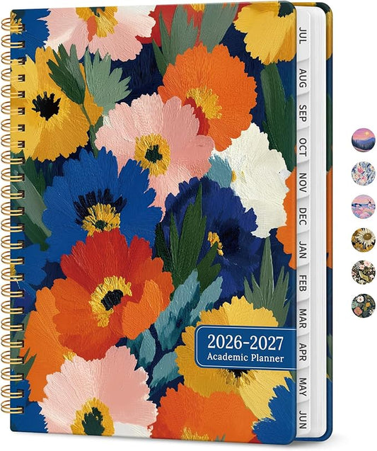 Planner 2026–2027, Academic Monthly Weekly Spiral Calendar, July 2026 – June 2027, Hardcover Agenda Notebook with Tabs, 8.5" x 11", Perfect for Students, Teachers, School & Daily Planning - Vivid Petals