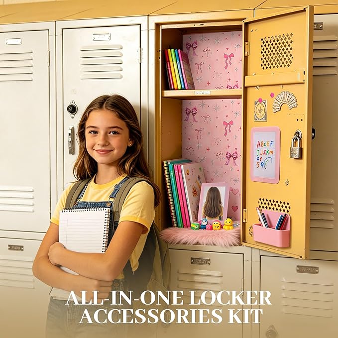 Elfcool 13 Pcs Locker Accessories Kit, Locker Decorations for Girls Boys Magnetic Pen Holder, Mirror, Whiteboard, Wallpaper, Magnets, Plush Rug, String Light, Back to School Essentials (Pink Bow)