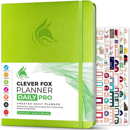 Clever Fox Planner Daily PRO - 8.5 x 11" A4 Size Daily Life Planner and Gratitude Journal to Increase Productivity, Time Management and Hit Your Goals - Undated - Lasts 3 Months (Lime Green)