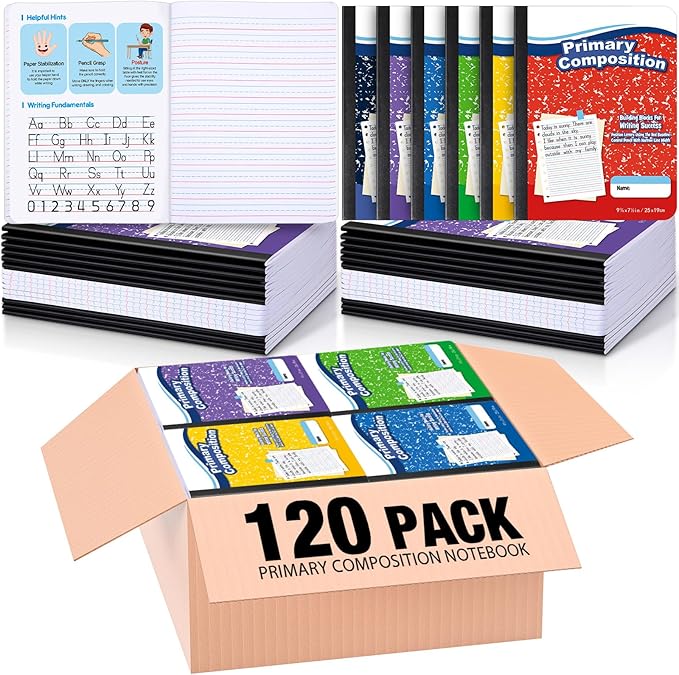 Watersay 120 Pack Primary Ruled Composition Notebook, Grade K-2 Journal 50 Sheets, 7-1/2" x 9-3/4" Primary Composition Book Writing Notebook for Kids Kindergarten Preschool 1st 2nd Grad (Multicolor)