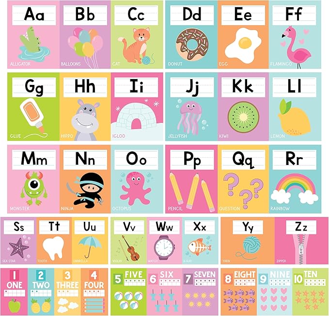 Hadley Designs Alphabet for Classroom Wall Decor - ABC Posters for Classroom Wall Chart Preschool & Kindergarten, ABC Letters & Number Line Elementary, Alphabet Cards, Pastel Classroom Decor