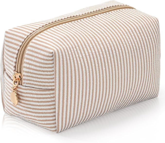Makeup Bag Travel Toiletry Bag for Women, Small Cosmetic Bags Cute Stripe Beige Aesthetic Organizer Makeup Pouch for Purse Emergency Bag Pencil Case Accessory Bag