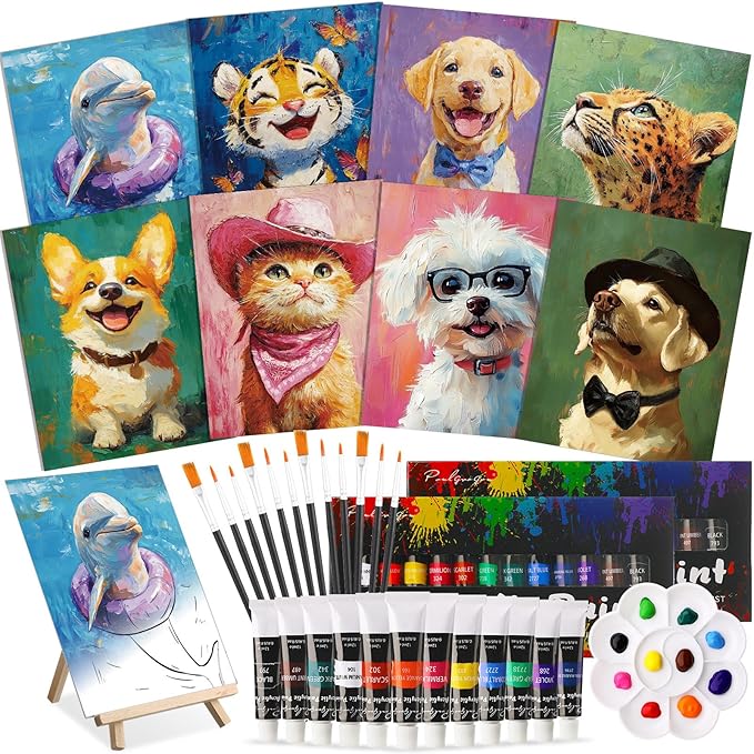 Cholemy 36 Pcs Paint and Sip Kit for Adults 8''x10'' Pre Drawn Canvas for Painting DIY Afro Acrylic Painting Kit Wood Easel Brushes Date Night Bulk for Father's Day Party Gifts(Animal)