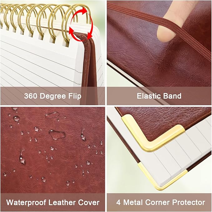 A5 Top Spiral Notebook, Large Leather Hardcover Top Bound Steno Pads, 240 Pages 100 gsm Thick Lined Paper Left Handed Notebook Journal for Work, School, Meeting Writing - Brown, 5.9" x 8.5"