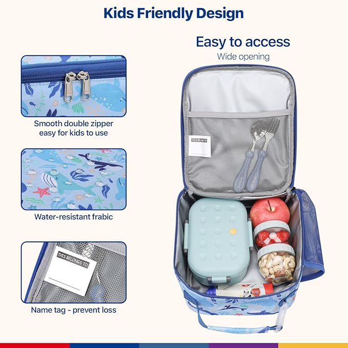 Bagseri Kids Lunch Box for Boys - Insulated Toddler Lunch Bag Fits Bento Box, Reusable Daycare Cooler Tote with Clip Handle, Water-Resistant Lining, Blue Whale