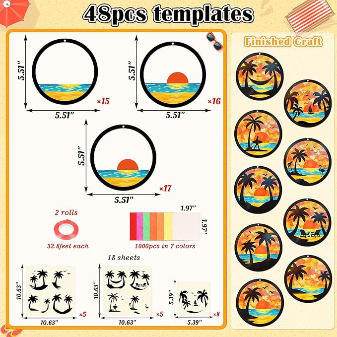 Renbuzhu 48PCS Summer Crafts: Paper Tropical Palm Tree Suncatchers DIY Kits, Window Stained Glass Effect Art Supplies for Hawaiian Luau Tiki Beach Party Favors