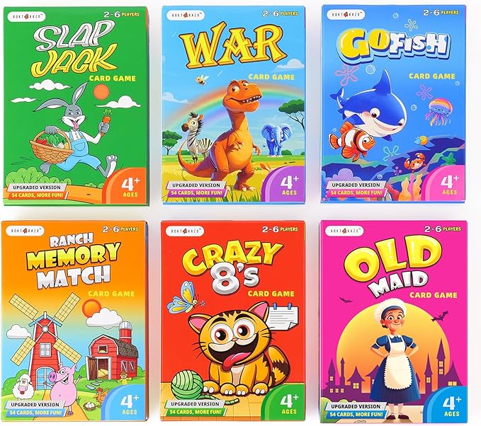 Upgraded Kids Card Games Pack, 6 Decks, Go Fish, Old Maid, Crazy Eights, Memory Match, Slap Jack, War, Playing Cards, Easter Basket Stuffers, Stocking Stuffers