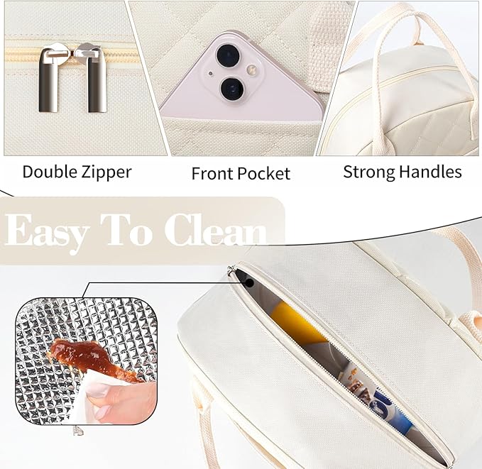 CaCTOUR Lunch Bag Women,Insulated Quilted Lunch Bag, Small Portable Cute Lunch Box,Cooler Bag Reusable Lunch Tote for Work/Travel/Picnic (Beige)
