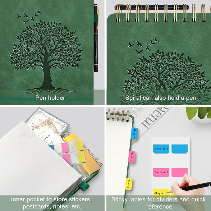 Mousbull A5 Top Spiral Notebook, Tree Pattern Large Leather Hardcover Left Handed Journal, 240 Pages 100 Gsm Lined Paper Top Bound Steno Pads for Work, School, Travel Writing - Green, 5.9" x 8.5"