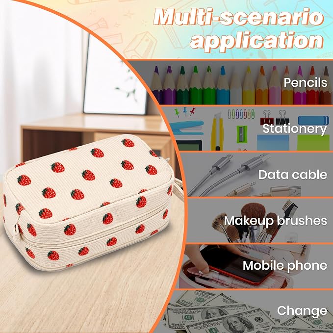 Big Capacity Pencil case,Soft Corduroy Pencil Bag with 3 Compartment,Pencil Pouch School Supplies Cute Pencil Box Pencil Bag for Teen Girls Boys College (Strawberry)