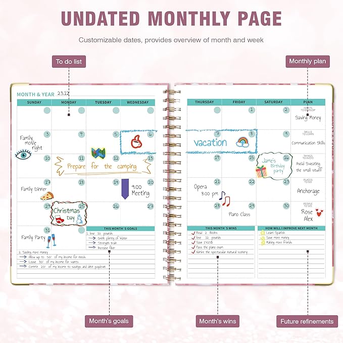 Ospelelf Undated Spiral Bound Planner Daily, Weekly and Monthly Planner, Pink Teacher Planners 12 Month 8.5 x 11