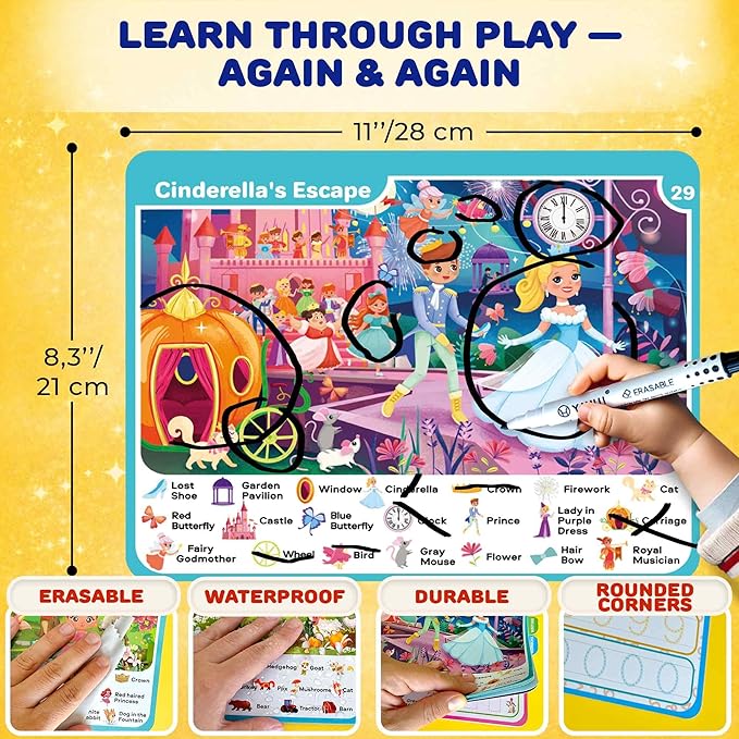 QUOKKA Busy Book for Toddlers 3-5 – Fantasy Search and Find Activity Pad - Toddler Dry Erase Learning Workbook with Markers for Travel Quiet Time