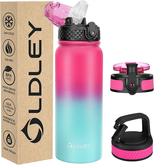 Oldley Insulated Water Bottle 20oz Water Bottles with Straw, Stainless Steel Water Bottle with 3 Lids, Double Wall Vacuum Bottels for Adults School Kids,Leak-Proof Sport Bottles, Rose Red-Green