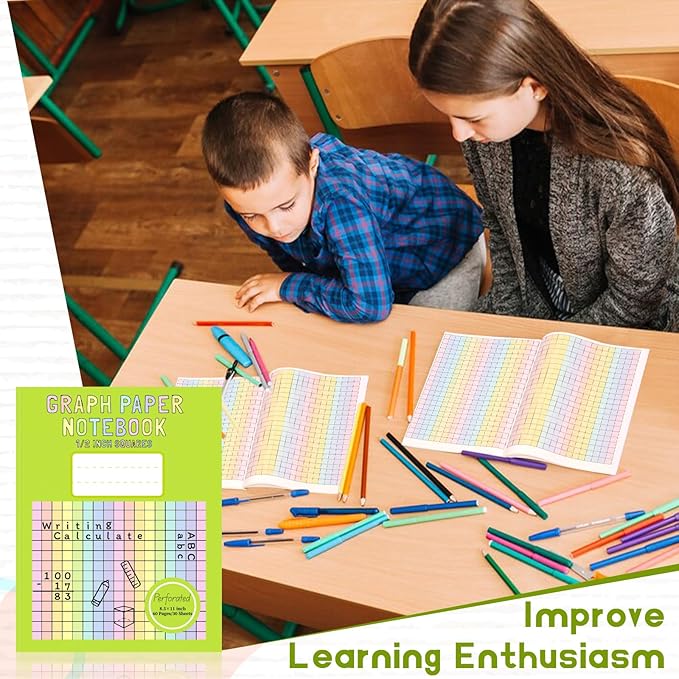 2 Pack 8.5×11 Colored Graph Paper Pad Math Notebook Graph Paper 1/2 Inch Squares Large Quad Ruled Grid Composition Book Colored Grid Notebook Exercise 30 Sheets for Kids Dyslexia Dysgraphia School