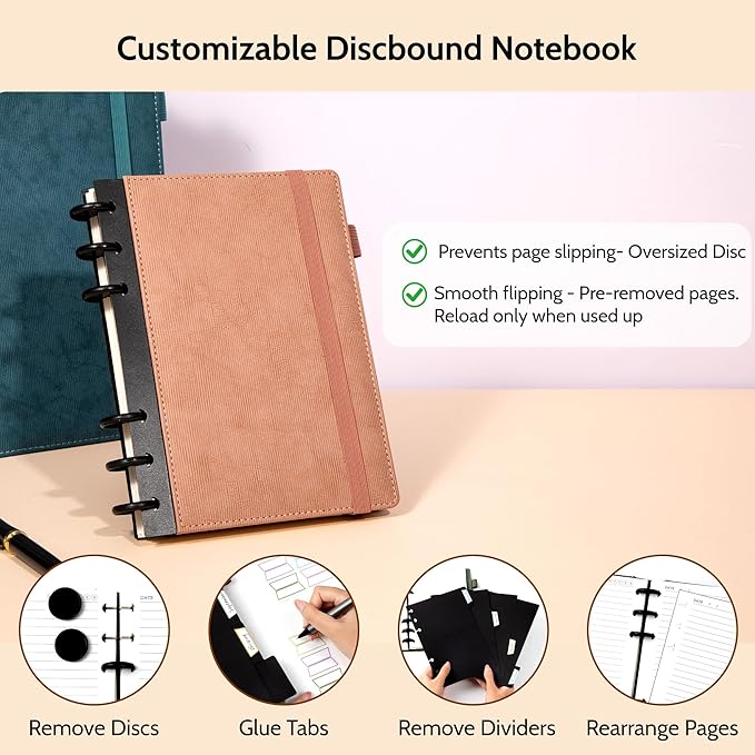 Yoment Refillable Notebooks for Work 5 Subject with Removable Dividers Tabs 224 Pages Hardcover Leather Journals for Writing Small Discbound Planner Colleged Ruled Paper for Women Men 6.1 x 8.3,Pink