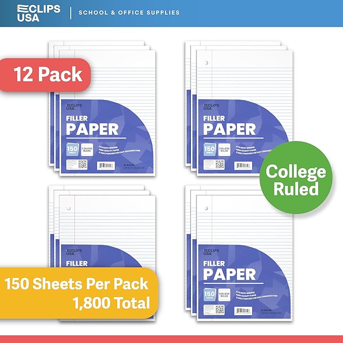 Loose Leaf Paper College Ruled Notebook Paper College Ruled Lined Paper Writing Paper Filler 10.5” x 8” 1800 Sheets 150 Sheets Per Pack 60 gsm (12 Pack)