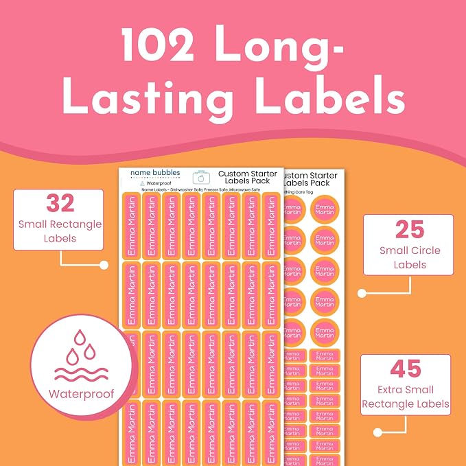 Name Bubbles - Kids Custom Name Labels for Daycare, School, Camp (102 Labels) - Personalized Waterproof Name Stickers for Clothes Tags, Lunch Boxes, Water Bottles, & School Supplies (Solid Border)