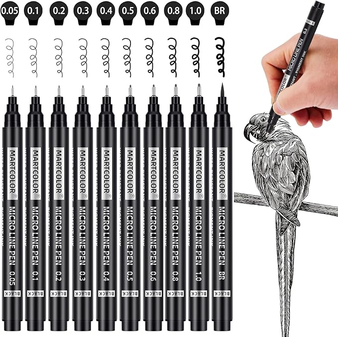 MARTCOLOR Micro Pen Fineliner Pens, 10 Size Fine Point Archival Black Ink Pens, Waterproof Multiliner Pen for Artist Illustration, Sketching, Art Drawing, Anime, Manga, DIY Gifts Projects