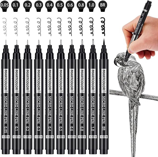 MARTCOLOR Micro Pen Fineliner Pens, 10 Size Fine Point Archival Black Ink Pens, Waterproof Multiliner Pen for Artist Illustration, Sketching, Art Drawing, Anime, Manga, DIY Gifts Projects