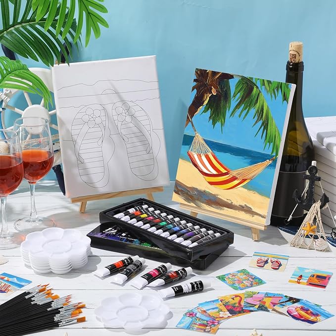 Cholemy 36 Pcs Paint and Sip Kit for Adults 8''x10'' Pre Drawn Canvas for Painting DIY Afro Acrylic Painting Kit Wood Easel Brushes Date Night Bulk for Father's Day Party Gifts(Hawaii)