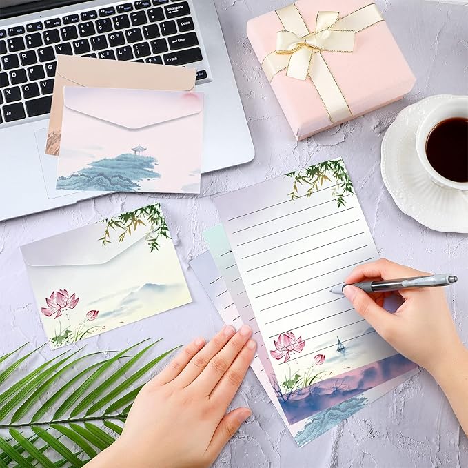Geyee 200 Pieces Watercolor Stationary Paper and Envelopes Include 100 Lined Sheets and Envelopes, 5. 5 x 8. 25 Inch Double Sided Printing Letter Writing Paper with Mailers(Landscape)