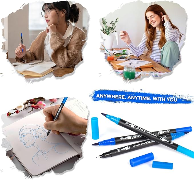 ZSCM Blue Duo Tip Marker Pens, 12 Pack Fine & Brush Markers for Adult Coloring Books No Bleeding, Ocean Blue Markers for Sky & Sea Landscapes, Water Effects, Calming Mandalas and Journaling
