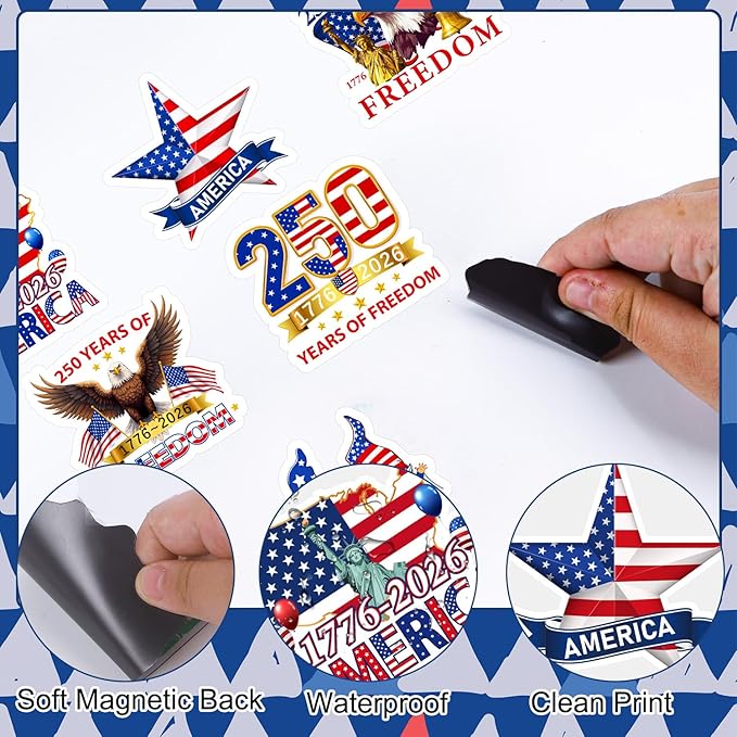 250th Anniversary America Car Magnets - Wxiben 12 Pcs USA 250 Years Freedom 1776-2026 Refrigerator Magnets Patriotic Fridge Car Magnetic Decorations Stickers for Vehicles Gifts Party Locker Decor