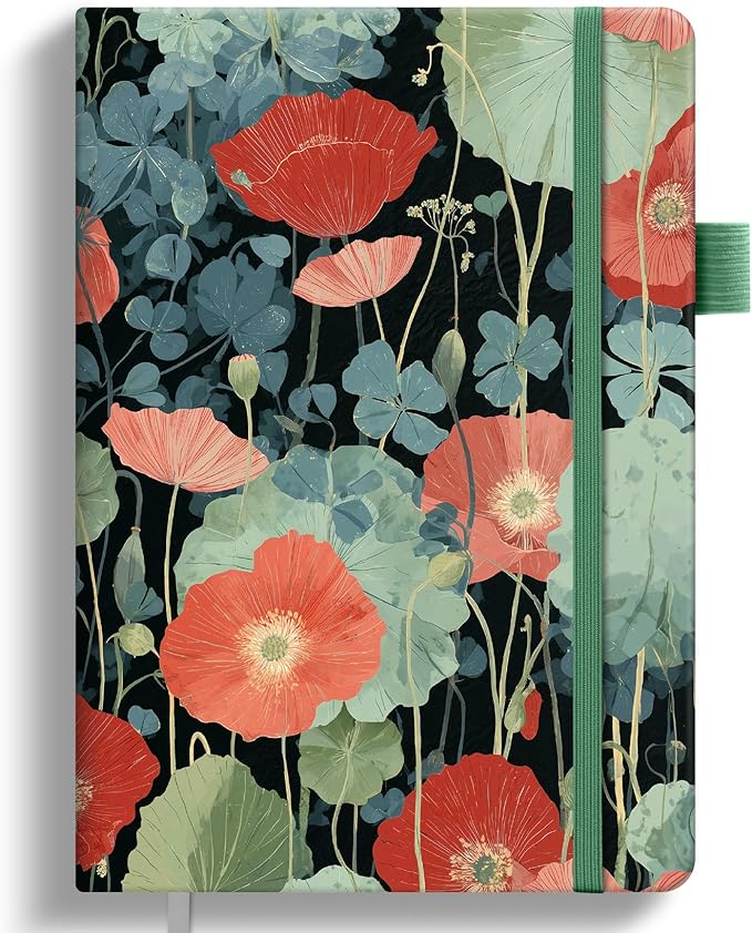 Taja Pretty Lined Journal for Women, Aesthetic Cute Hardcover Leather Journal for Writing, A5 College Ruled Notebook for Work & Note Taking, Perfect for Office School Home, 160 Pages, Poppy Garden