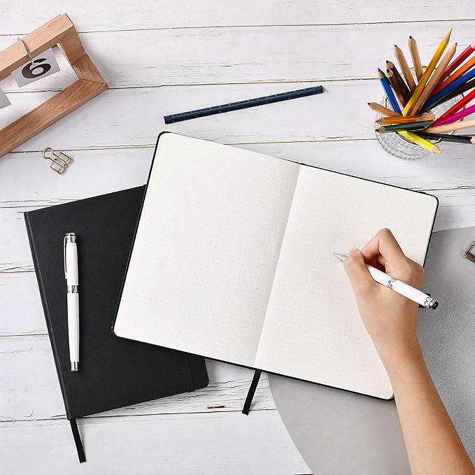 Dotted Journal/Notebook - Dot Grid Hard Cover Notebook, Premium Thick Paper with Fine Inner Pocket, Black Smooth Faux Leather, Pen Loop, 5.3''×8.26'' - Black